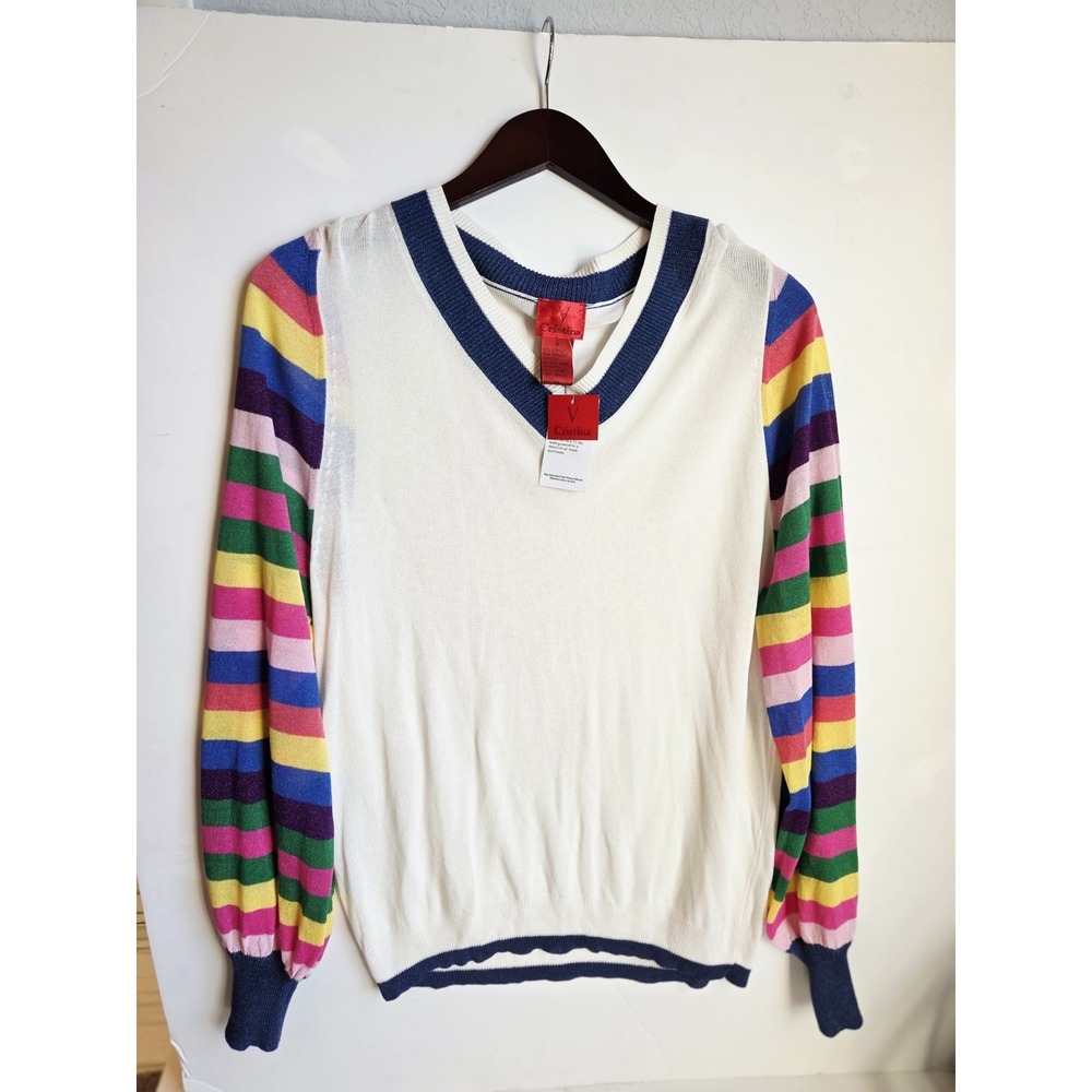 V Cristina Semi-Sheer Acrylic V-Neck Knit Pullover Long Rainbow Stripe Sleeves M